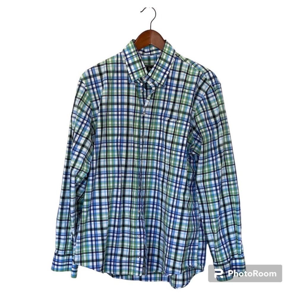 Neiman Marcus Check Plaid Blue Green White Long Sleeve Button Up Shirt Men's L